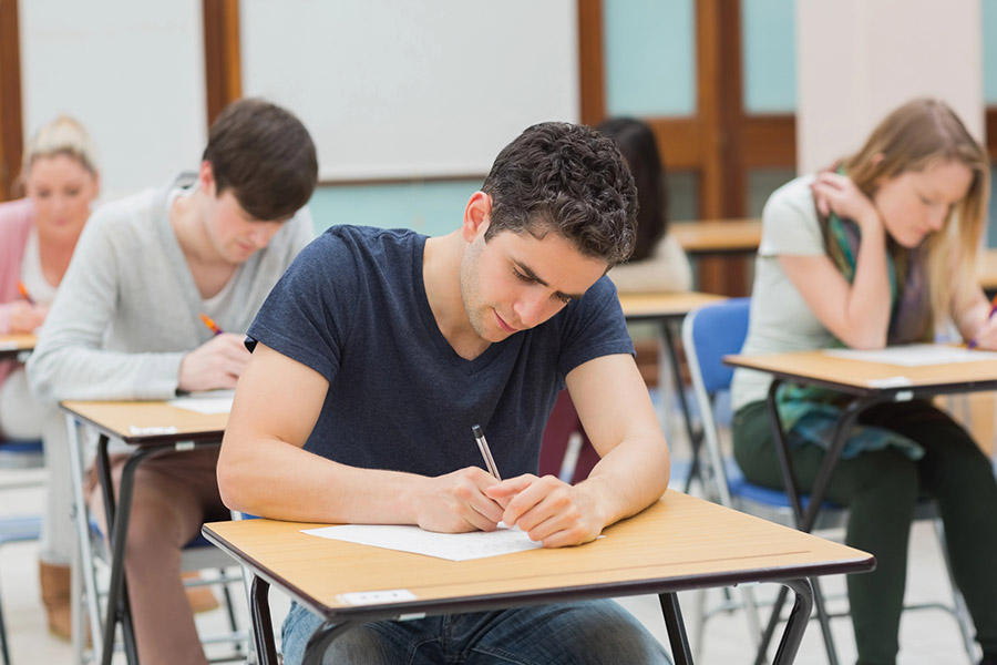 Students taking a test in a classroom in San Luis Obispo